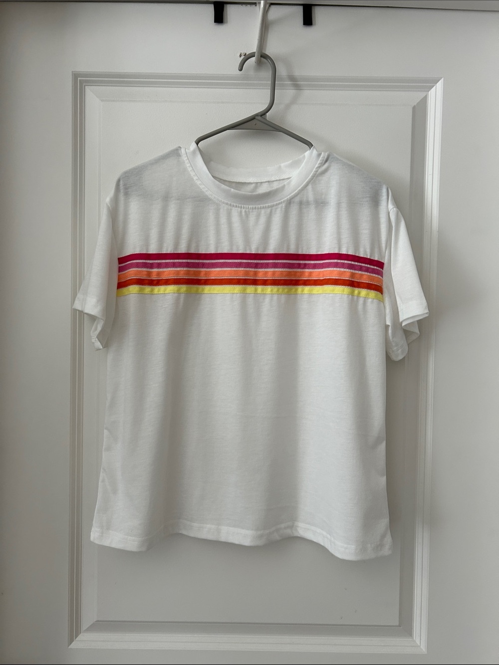 White Tee with Pink, Red, Orange and Yellow Stripes